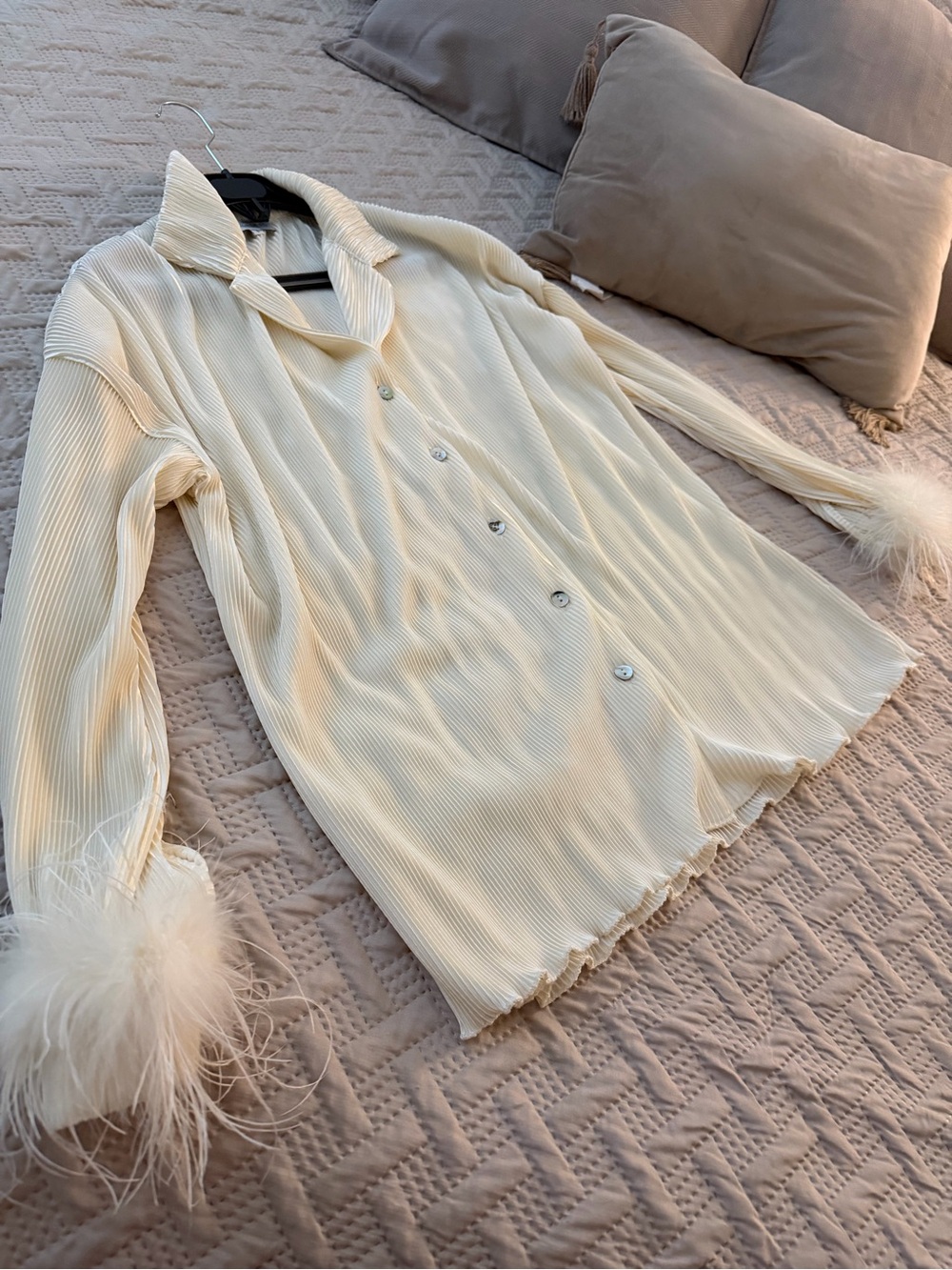 Cream Feather-Cuff Button Front Top
